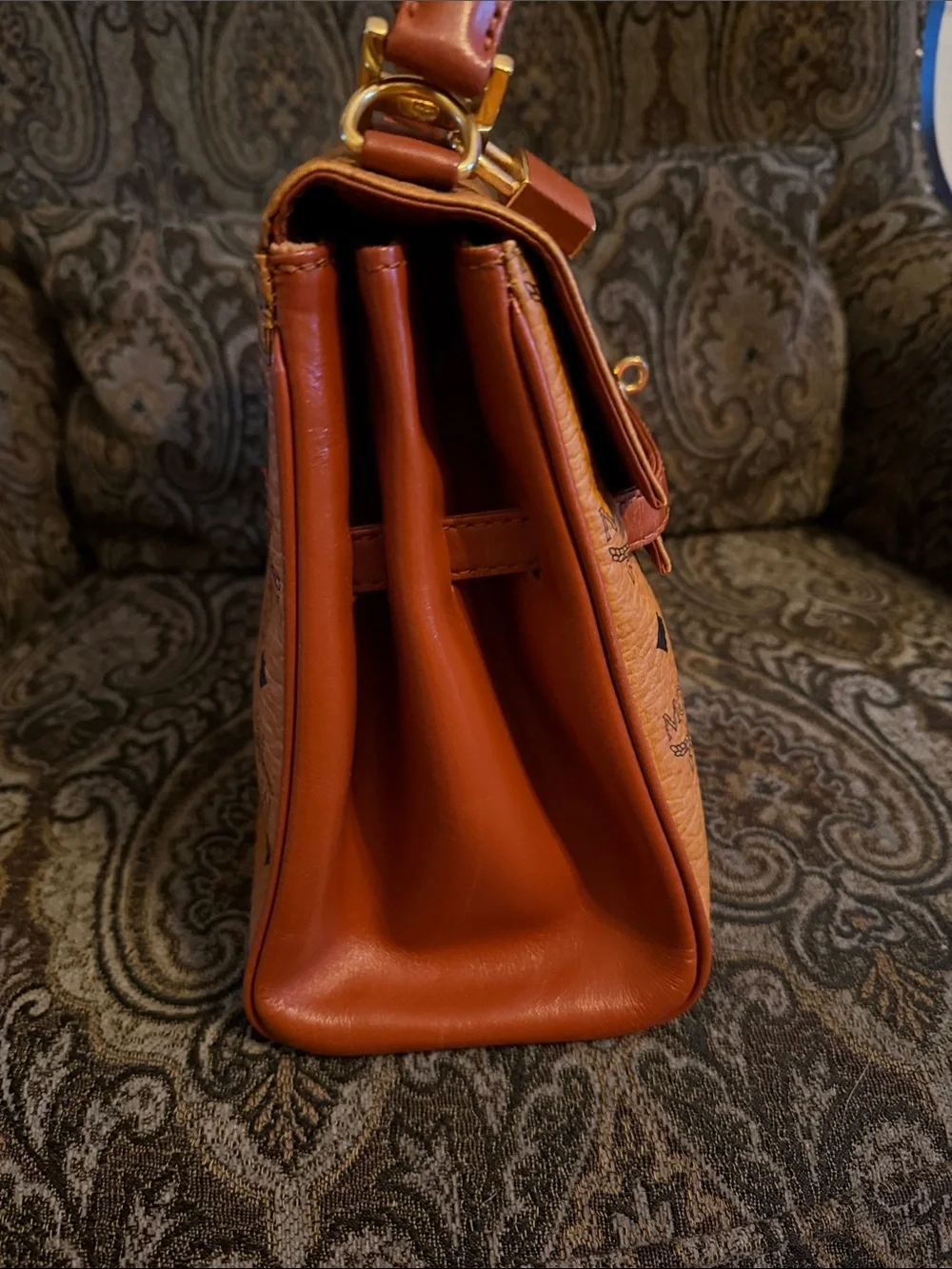 MCM Cognac Logo Visetos Top Handle Satchel with Gold Hardware
